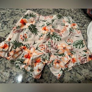 Paper Crane Cream Floral Ruffle Hem Shorts with Orange Blooms